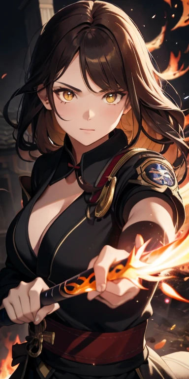 1girl, brown-haired, GoldenEye, Katana, flames, Burning houses, glowing, sidelighting, wallpaper, Yellow eyes