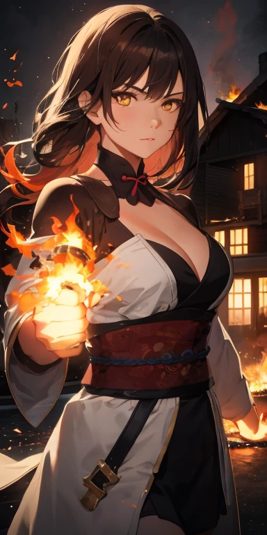 1girl, brown-haired, GoldenEye, Katana, flames, Burning houses, glowing, sidelighting, wallpaper, Yellow eyes