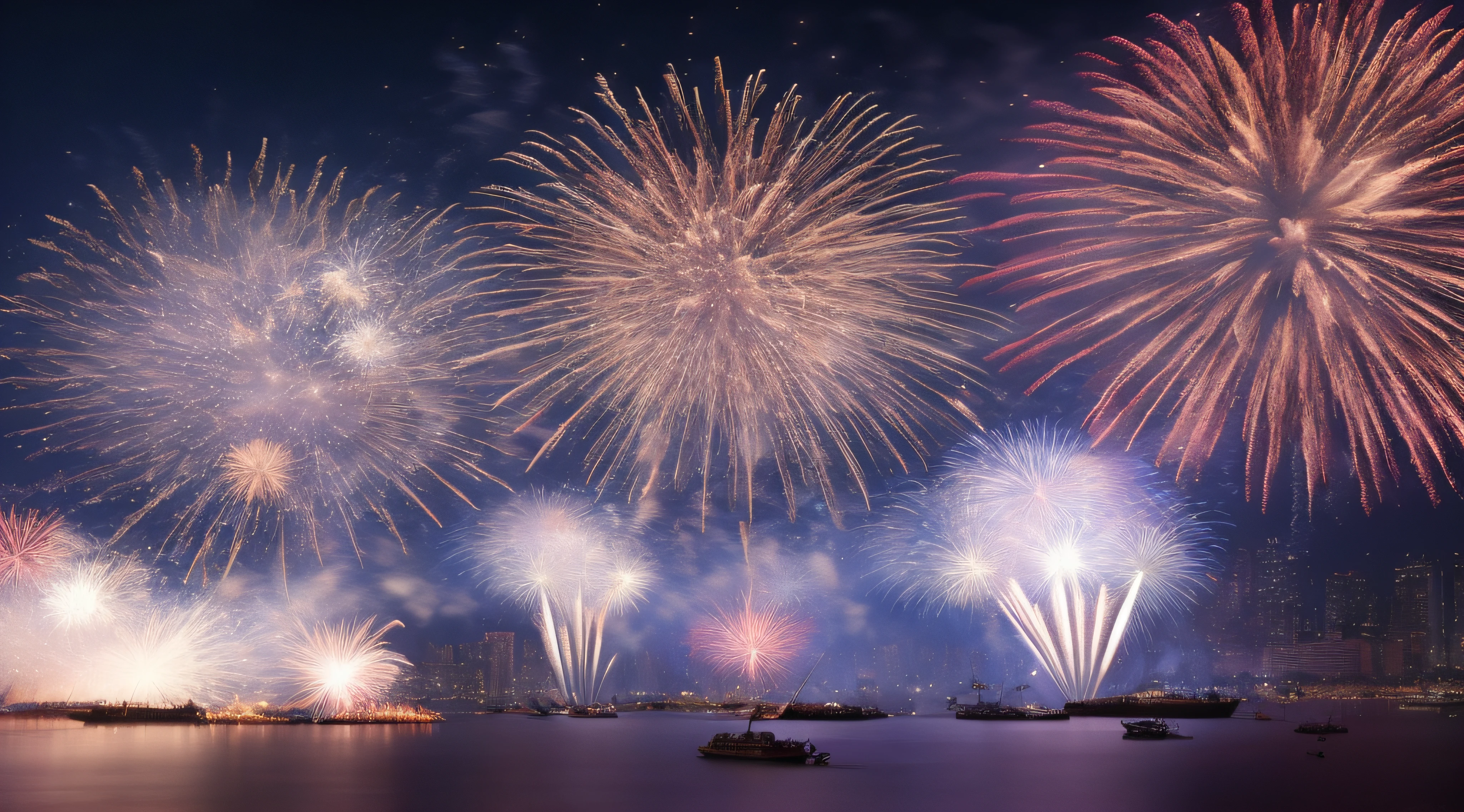 fireworks are lit up over a body of water with boats in the water, [ fireworks in the sky ]!!, firework, fireworks, fireworks in the background, happy!!!, celebrating, pyrotechnics, fireworks in background, new years eve, by Bernardino Mei, fireworks on the background, by Kanō Tan'yū, firework smoke trails, !!beautiful!!