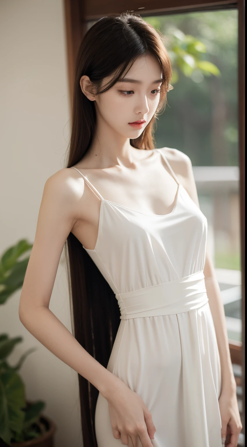 train, caught in strap, loose mini sleeveless dress in white linen, big, big, mini