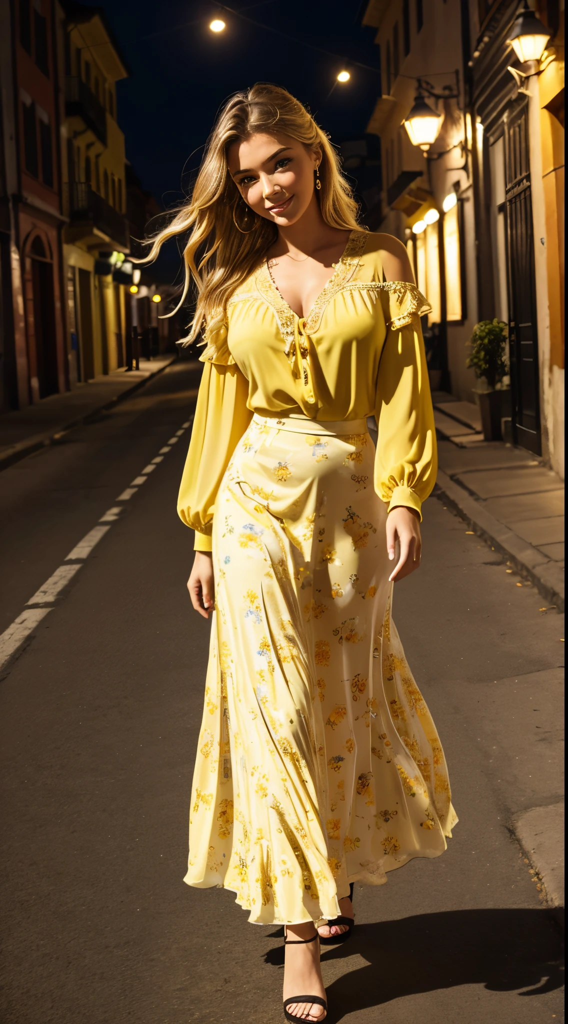 Foto hiperrealista en primer plano de Emily Sears, masterpiece, best quality, (photorealistic:1.4), full body, (yellow Casual Boho Floral Blouse Shirts V Neck Long Puff Sleeve Lightweight Chiffon:1.2), (yellow fall maxi maxi skirt:1.1), heels, woking on the old European street, during the night, night  cinematic lighcinematic light, beautiful woman, skinny, large big breasts, straight blond hair, detailed face, smile, facing the camera, photo taken from a distance, age of 20 years old,