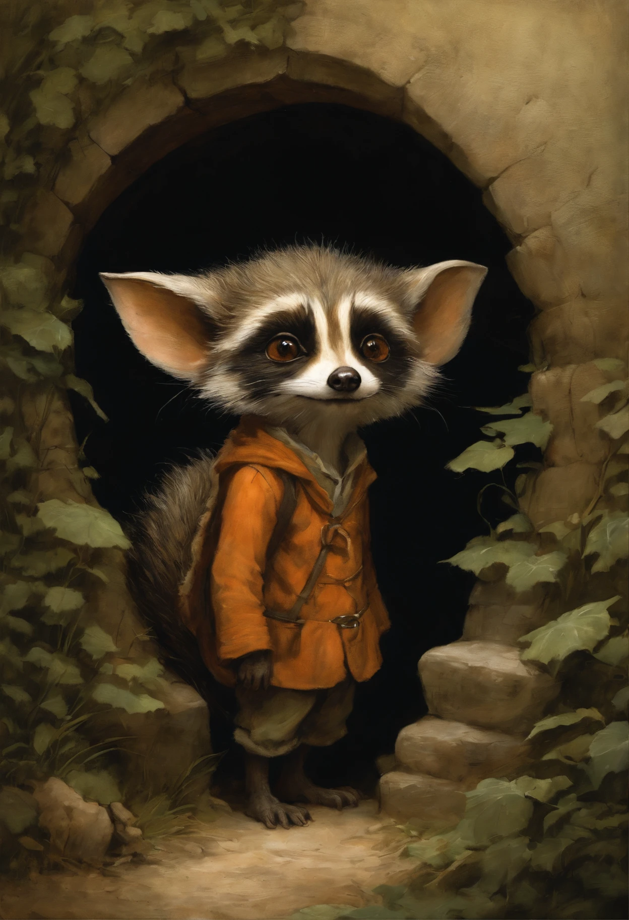 真实感, dark fantasy style, John Tolkien style, Small painting by Jean-Baptiste Monge, portraite of a, Little gremlin with big ears, looks like a cute little raccoon, large semicircular pointed fluffy ears, tousled , Sand-colored wool, wears an orange rag jumpsuit, peeks out from the hole-house, house in the fox hole, The Hobbit House, Hobbiton village. Jean-Baptiste Monge, anthropomorphic --ar 2:3 --testp -optimistic;