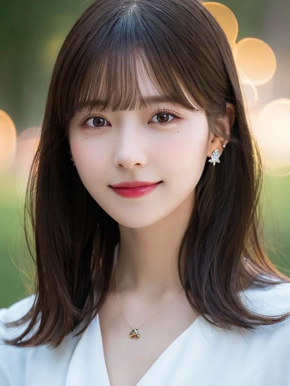 Top Quality, Realistic, 8K, Solo, Smile, Masterpiece, One Girl, Bokeh, Depth of Field, Professional Lighting, High Resolution, Gorgeous, Bangs, Lens Flare, Cute, Photorealistic : 1.37, Earrings, RAW Photography, Absurdity, Watching Viewer, Skindentation, Female, Full Body, Masterpiece: 1.2, Portrait: 0.6, Necklace, pureerosface_v1,　skinny, dynamic pose, mole, floating hair, lips