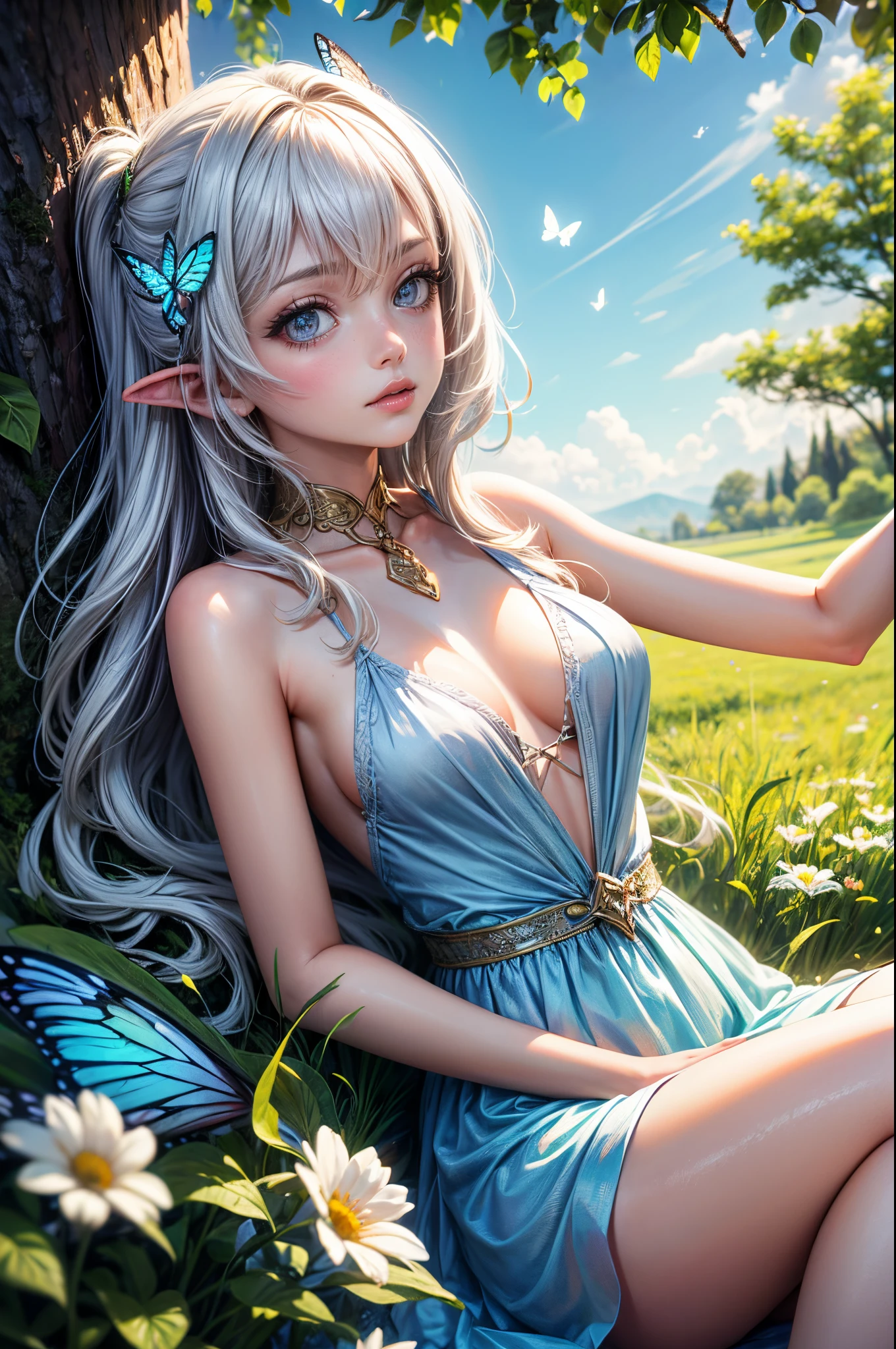 "((Innocent)) girl, golden hour, dreamy meadow, ethereal, whimsical, flowing dress, soft sunlight, enchanting, butterfly wings, (pastel clouds), liquid reflections