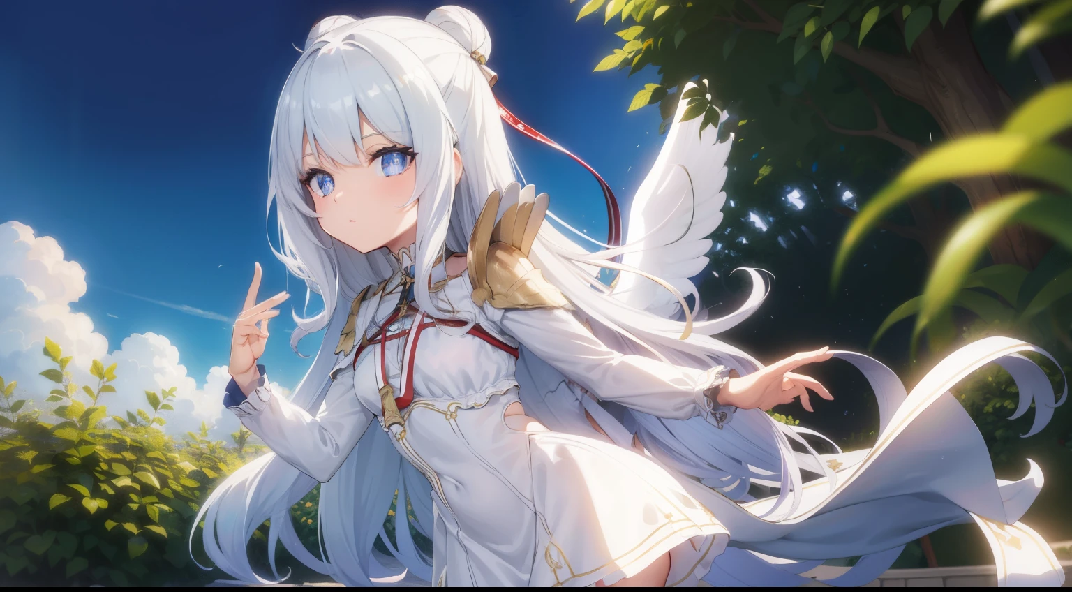 le malin azur lane,
le malin, eyes symbol-shaped pupils, double bun, blue eyes, very long hair, hair bun, bow,white hair, sidelocks, blue hair ribbon, ribbon,
BREAK white _dress, angel_wings, white_legwear, long sleeves, white dress, pleated dress, thighband pantyhose,
BREAK garden, outdoors,
BREAK looking at viewer, (cowboy shot:1.5),
BREAK (masterpiece:1.2), best quality,beautiful, high resolution, (illustration:0.8), (beautiful detailed eyes:1.6), extremely detailed face, perfect lighting, extremely detailed CG, (perfect hands, perfect anatomy), sun shining, bright at night,