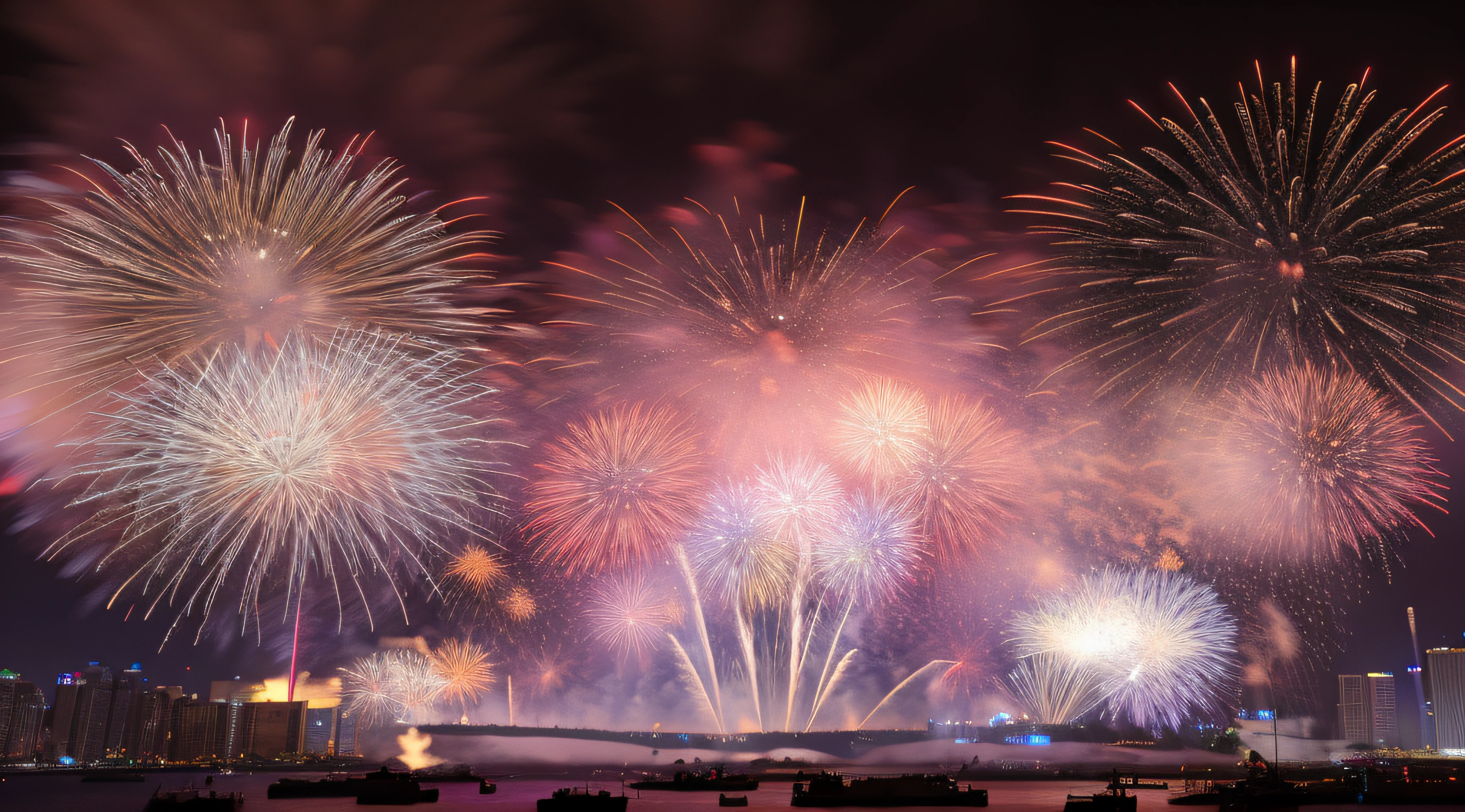 fireworks are lit up in the sky over a city, [ fireworks in the sky ]!!, fireworks in the background, fireworks in background, pyrotechnics, new years eve, fireworks, celebrating, firework, firework smoke trails, fireworks on the background, happy!!!, grand finale, by Bernardino Mei, best photos of the year, 4 0 9 6, shutterstock