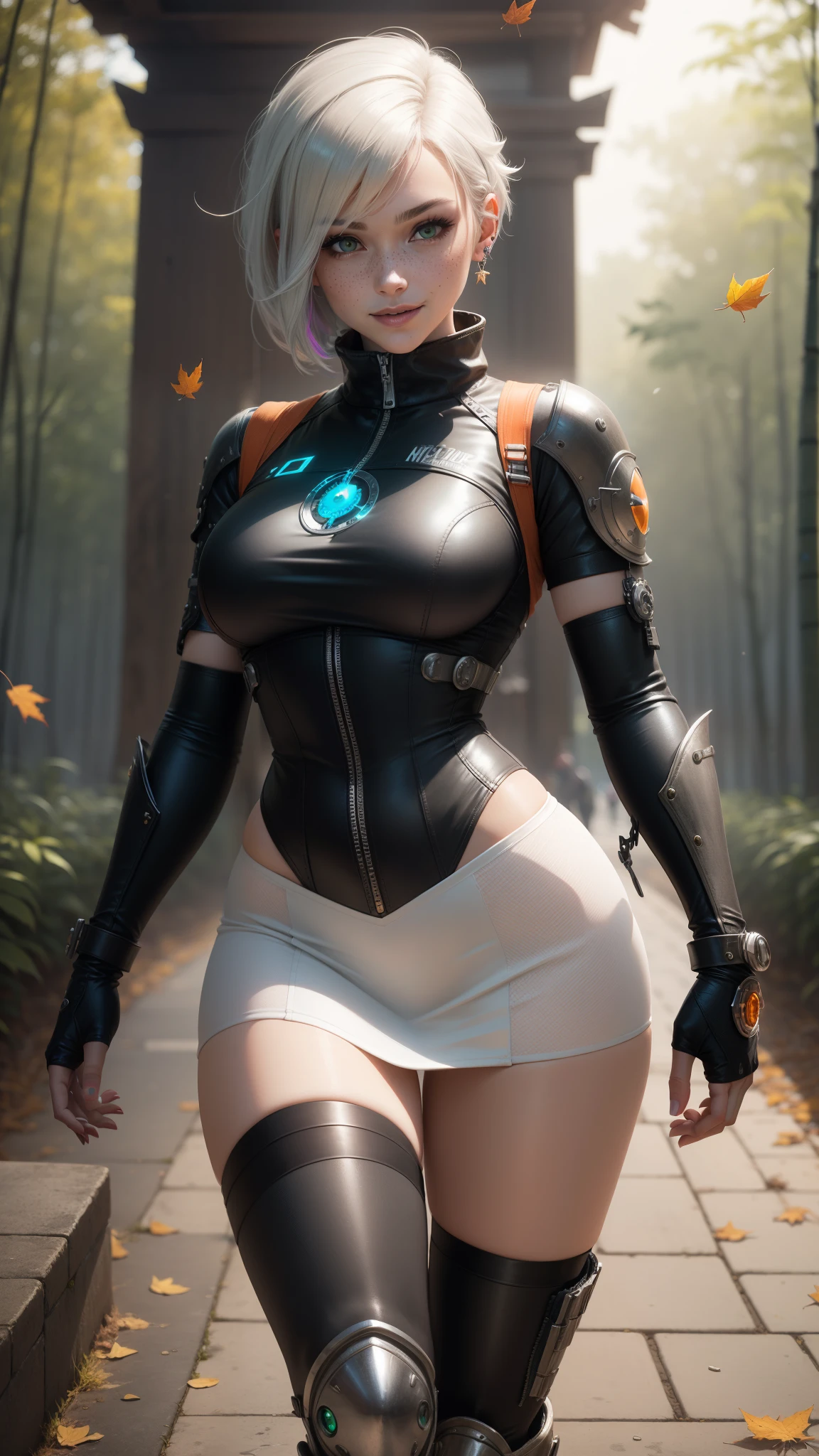 gwen tennyson,yorha 2b,tracer,jill valentine,overwatch,resident evil,close up,bamboo forest,tattoos,orange plugsuit,short sleeve pilot top,short sleeve sport pilot jacket,white and orange lycra tight skirt,silver steel leather corset,short hair,punk makeup,green eyes,multicolored silver punk hair,sexy smile,freckles,beautiful girl,thigh high boots,large breasts,8k,ultra detailed,realistic,fantasy art,steel armor,cyborg armor,aviator uniform,pilot uniform,winter scarf,hair pin,ear piercings,japanese temple,goth hand and neck jewelry,walking,(weather:leaves falling),arc reactor,1girl,