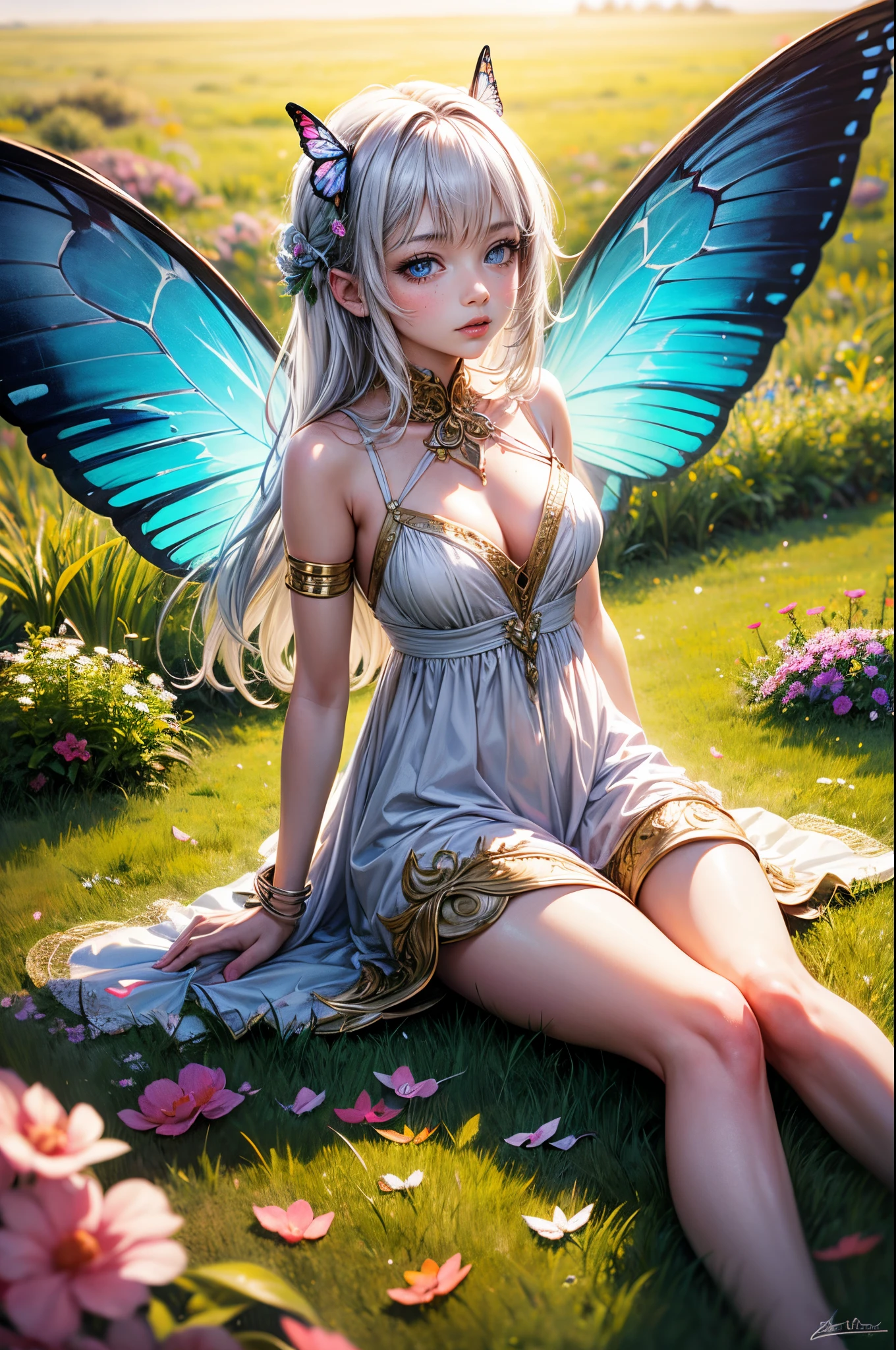 "((Innocent)) girl, golden hour, dreamy meadow, ethereal, whimsical, flowing dress, soft sunlight, enchanting, butterfly wings, (pastel clouds), liquid reflections