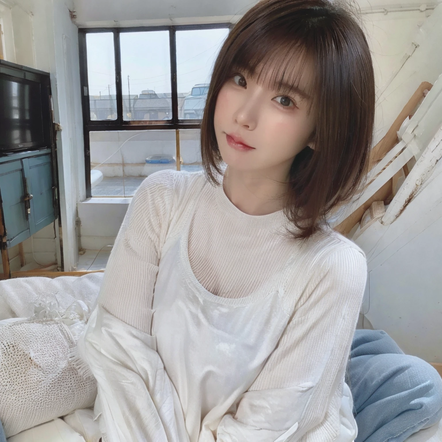 ((Best Quality, 8K, masutepiece :1.3)), Sharp Focus :1.2, beautiful mature women, 48yo, A MILF, ((Loose knit shirt)), downbrouse, ((Leaning forward)), (Huge breasts), (Smile:1.15), Highly detailed face and skin texture, Detailed eyes, (Round face:1.4), Shop at the morning market1.5、Capturing the whole body from a distance2.0