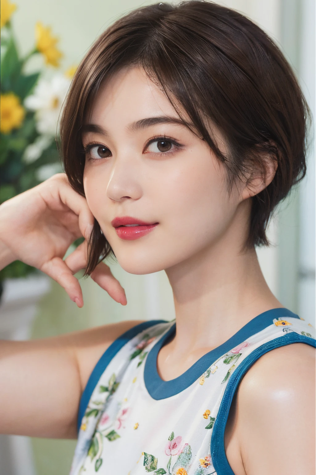 130
(a 20 yo woman,Wearing sportswear), (A hyper-realistic), (high-level image quality), ((beautiful hairstyle 46)), ((short-hair:1.46)), (Gentle smile), (brest:1.1), (lipsticks), (florals), (Large room), (florals), (painterly)