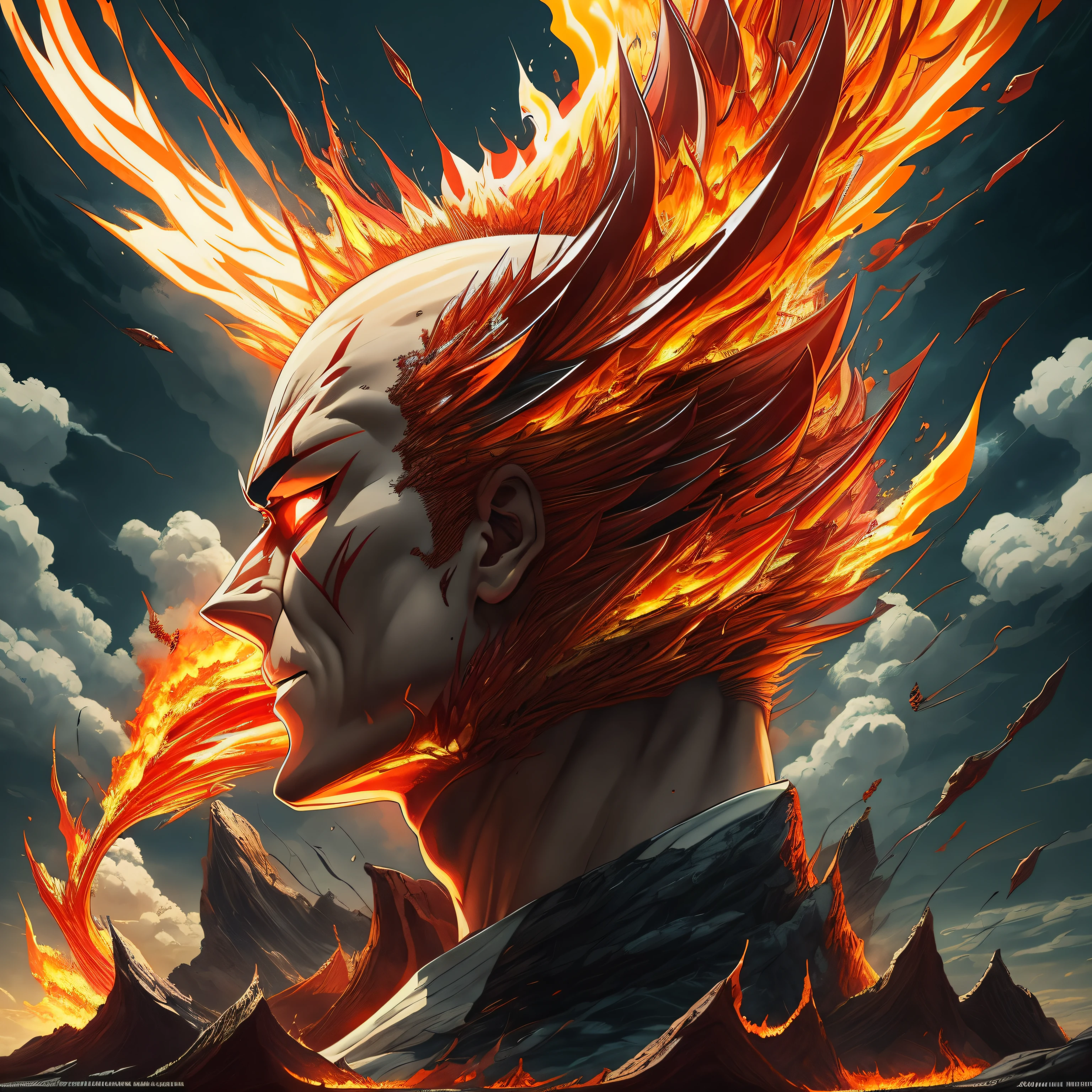 Get ready for a visual feast with Saitama, his handsome face and piercing red eyes. In his transformed state, he radiates extreme instinct and power, creating an epic film about this energetic man. See how he manipulates fire and lava in stunning anime artwork that will blow your mind. This concept art comes straight from the Bleach Universe, with manga-style 8k wallpapers that will transport you to another dimension. Prepare to be amazed by this detailed work of digital anime art, representing the ultimate combination of style and power.