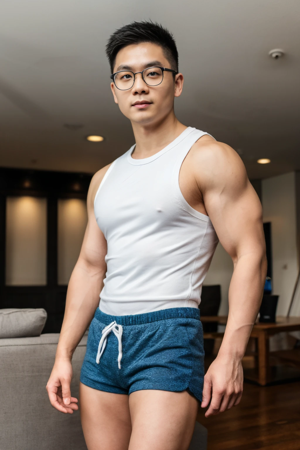 (((HDR))), Andrew thomas huang, oval face, eyeglasses, neat muscular, sleeveless shirt, (((short shorts))), posing, living Room,