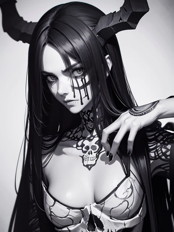 1 skull,Even though it looks like it's hand-drawn、Draw a skull with cool elements and a realistic feel。Adding a hand-drawn style approach to brush strokes and line work、At the same time, try expressing a style that makes the skull stand out with realistic details.。In black and white,long and straight hair