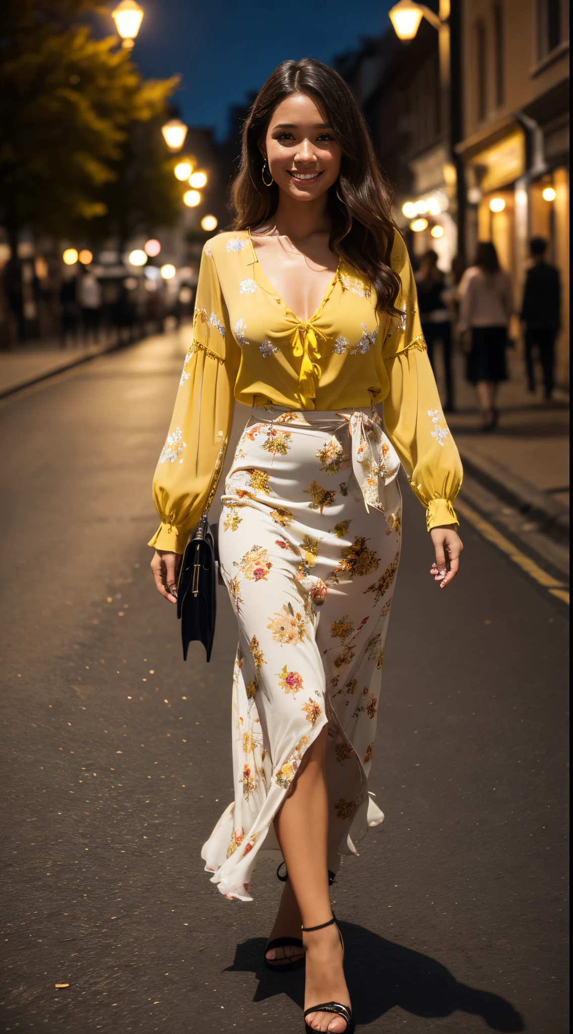 Foto hiperrealista en primer plano de Kelsey Asbille (native American ((light dark skin))), masterpiece, best quality, full body (yellow Casual Boho Floral Blouse Shirts V Neck Long Puff Sleeve Lightweight Chiffon:1.2), (yellow fall maxi maxi skirt:1.1), heels,, woking on the old European street, during the night, night cinematic darkness light, cinematic light, beautiful woman, photo oh whole person, cinematic light, beautiful woman, skinny, large breasts, straight black hair, detailed face, smile, photo taken from a distance