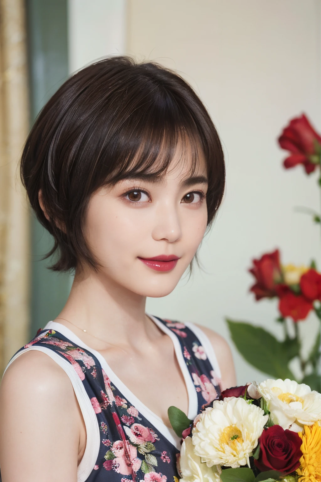 130
(a 20 yo woman,Wearing sportswear), (A hyper-realistic), (high-level image quality), ((beautiful hairstyle 46)), ((short-hair:1.46)), (Gentle smile), (brest:1.1), (lipsticks), (florals), (Large room), (florals), (painterly)