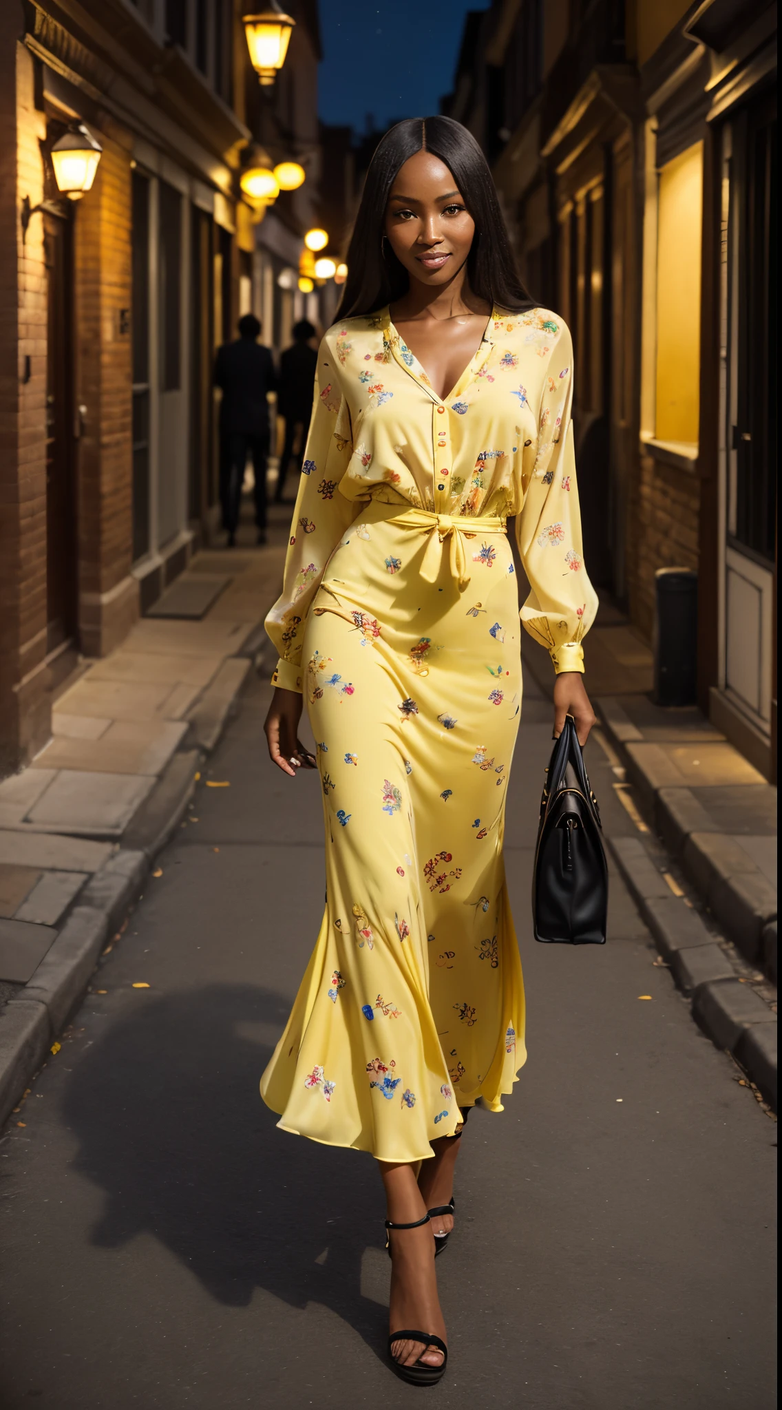 Foto hiperrealista en primer plano de Naomi Campbell, masterpiece, best quality, (photorealistic:1.4), full body, (yellow Casual Boho Floral Blouse Shirts V Neck Long Puff Sleeve Lightweight Chiffon:1.2), (yellow fall maxi maxi skirt:1.1), heels, woking on the old European street, during the night, night cinematic light, beautiful woman, skinny, medium breasts, black long hair, detailed face, smile, facing the camera, photo taken from a distance, of 14
