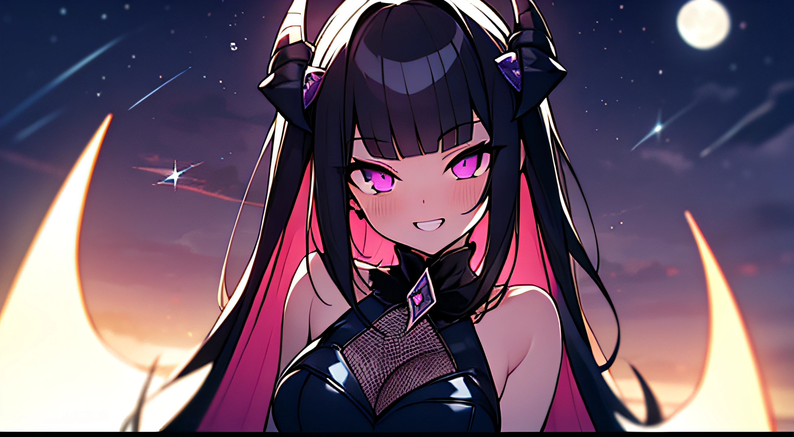 (Moon Night), alluring succubus,Ultra-detailed Rihanna as Satan on the throne of hell, Lori, Vampire, Dark Gothic, fishnet tights, brack, (A dark-haired), asymmetrical bangs, Blunt bangs, Straight hair, Long sideburns, two side up, Devilish girl, Purple eyes, tusk, sparking eyes, kawaii, Cute, Naughty smile, double tooth, Dark Forces, sharpteeth, Cowboy Shot,