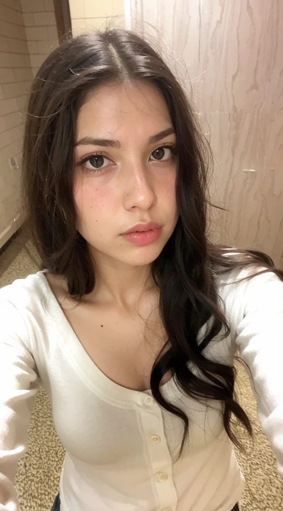 arafed woman with long hair and a white shirt taking a selfie, without makeup, 18 years old, perfect face ), 19-year-old girl, anna nikonova aka newmilky, pokimane, anastasia ovchinnikova, 2 2 years old, 8k selfie photograph, brown hair and large eyes, black hair and large eyes