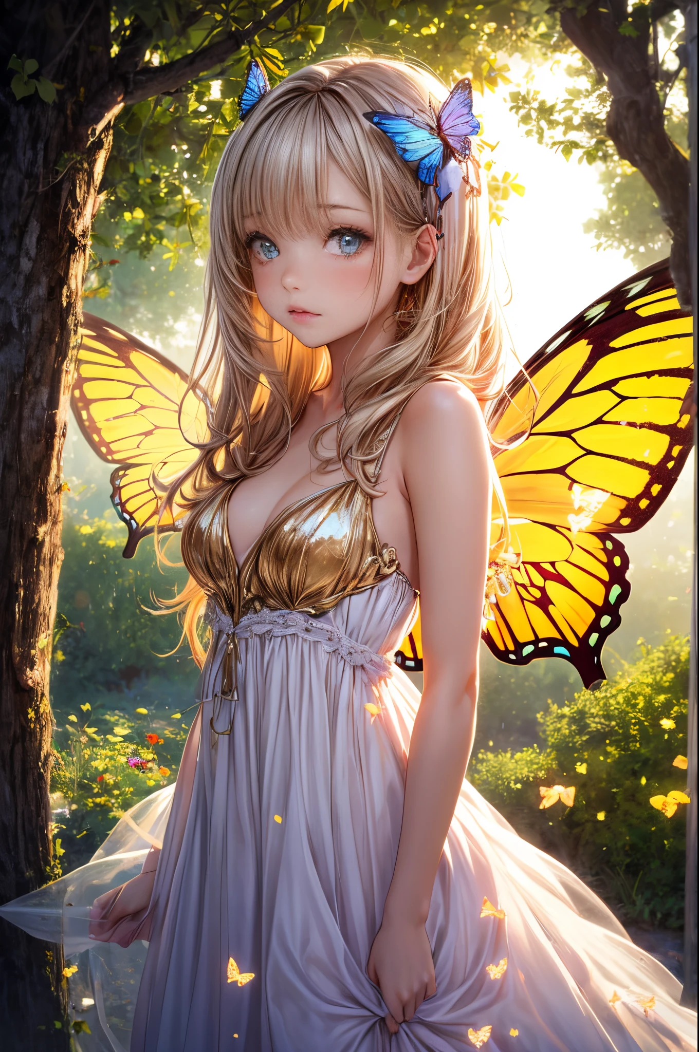 "((Innocent)) girl, golden hour, dreamy meadow, ethereal, whimsical, flowing dress, soft sunlight, enchanting, butterfly wings, (pastel clouds), liquid reflections