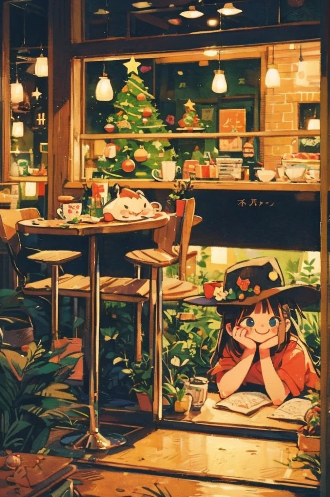 anime background art, relaxing concept art, anime scenery concept art, immensely detailed scene, a beautiful artwork illustration, highly detailed scene, beautiful anime scene, anime scenery, detailed soft painting, oil painting, vintagepaper, Christmas decoration, (a girl drinking 1 hot coffee in an indoor cafe),((cute face, kawaii)), Christmas trees, Christmas hat,bright_pupils, smile face, windows,watercolor