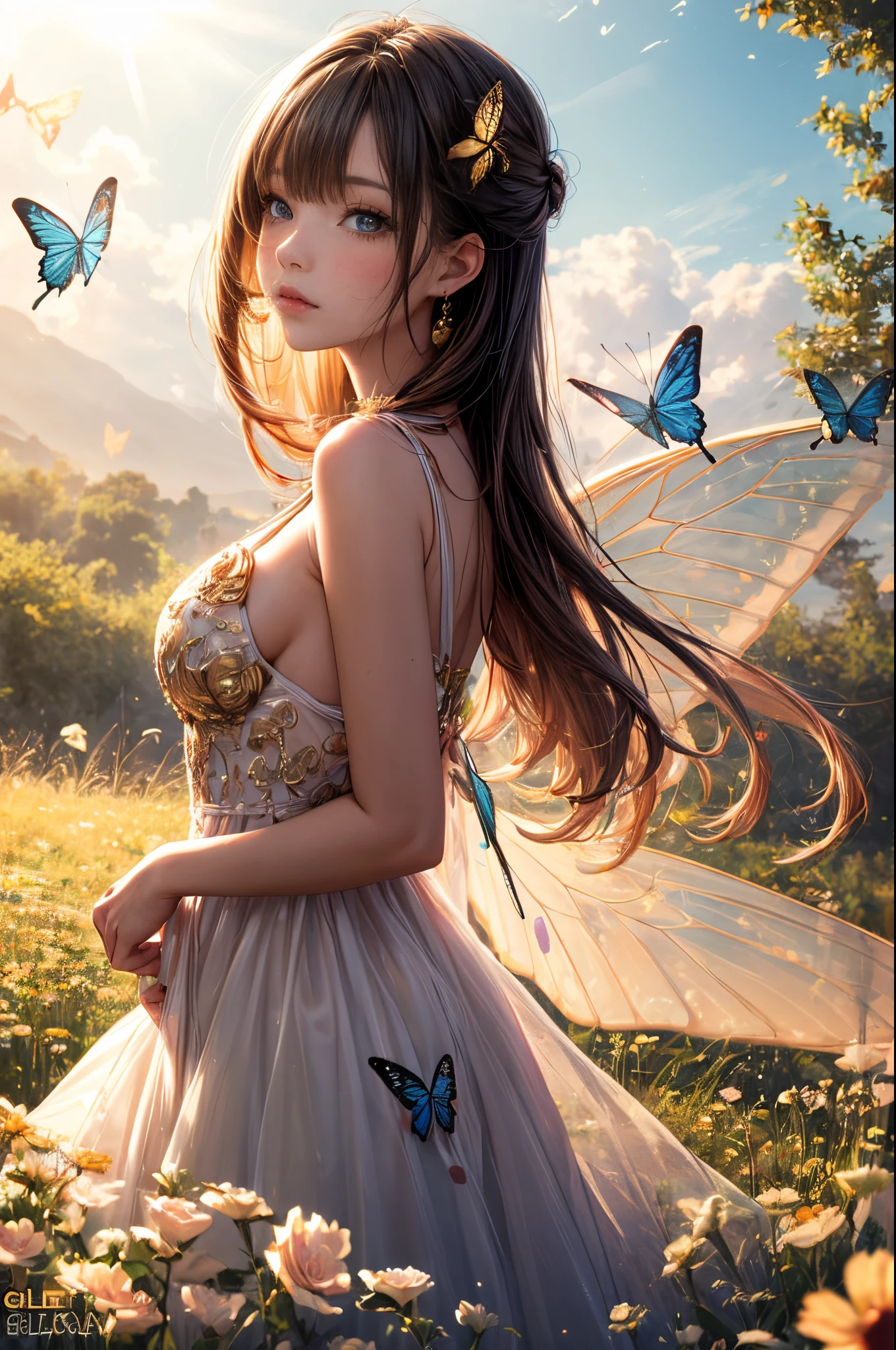 "((Innocent)) girl, golden hour, dreamy meadow, ethereal, whimsical, flowing dress, soft sunlight, enchanting, butterfly wings, (pastel clouds), liquid reflections