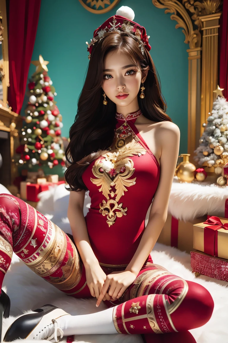 christmas beauty，Wearing Gorgeous Costume，ornate backdrop，1 girl，fully body photo，Spread your legs apart，Sit on a huge gift box，Detailed face and eyes，smilingly, fantasy ornate background，skin textures，hyper HD，actual，3D，((Best quality)), ((tmasterpiece)), Anatomical correct