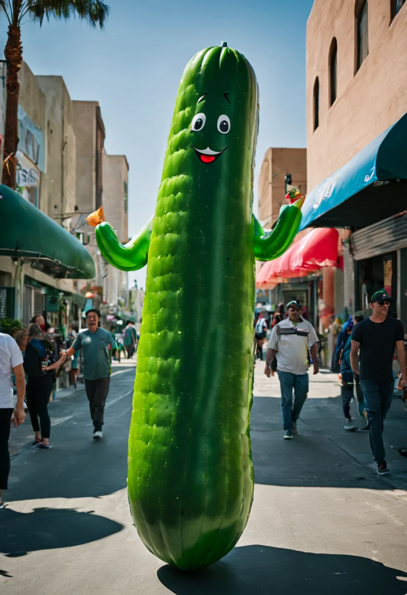 (Portrait shot, ultra-detailed, best quality, photorealistic:1.37, 4k, realistic, photography, a a humanized inflated cucumber walking in streets of Los Angeles, vibrant colours, 35mm)