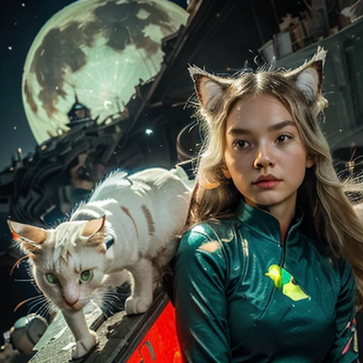 The city of the future inside a girl. The girl  a blonde、Blue and red robots. Shell color fluorescent green、golden colored. Background Chinese and Greek. The sky at night has auroras, Meteors and the Moon. The girl who  close to the city but far away. The sea doesn&#39;t take up much space. There  a white cat on the right side of the girl. That cat&#39;We bred a ragdoll cat with green eyes and red eyes.