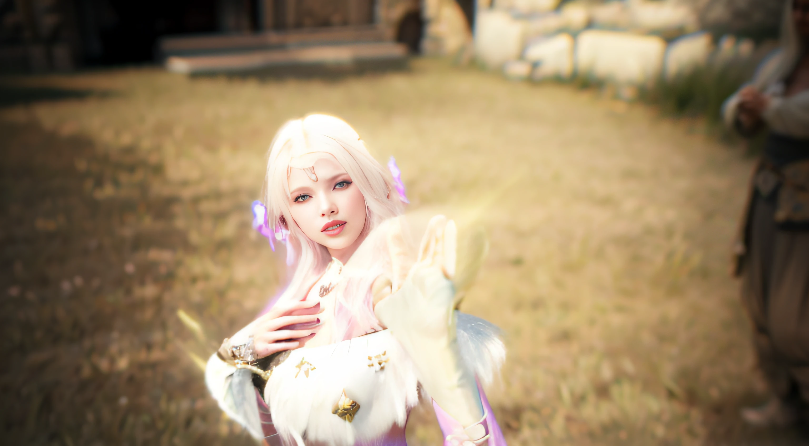 there  a woman in a white light pink dress, alluring mesmer woman, enb, inspired by Yang Jin, captured on canon eos r 6, [ 4 k photorealism ], spellcasting pose, pretty female cleric, aion, 4 k ], 4k], [ 4 k photorealism ]!!, beautiful screenshot, [ 4 k photorealism ]!!!