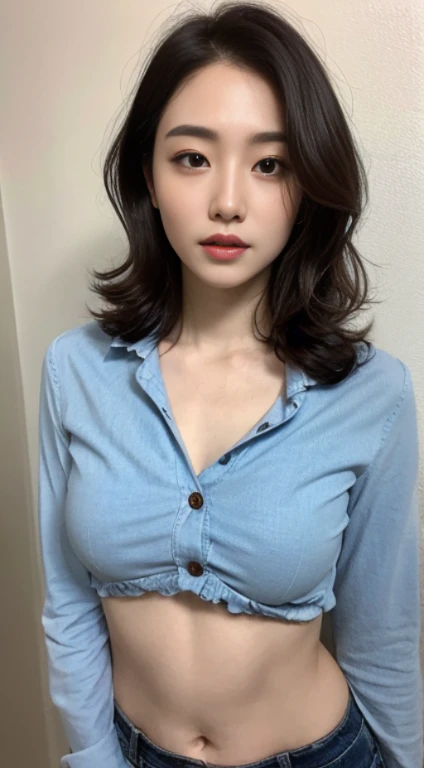 A woman with the same face as last time,Slender Abs、Loose wavy styling、Button-up Shirt、Beautifully expressed in every detail., Including face and skin texture.,Detailed eyes,Seducting look、full body Esbian