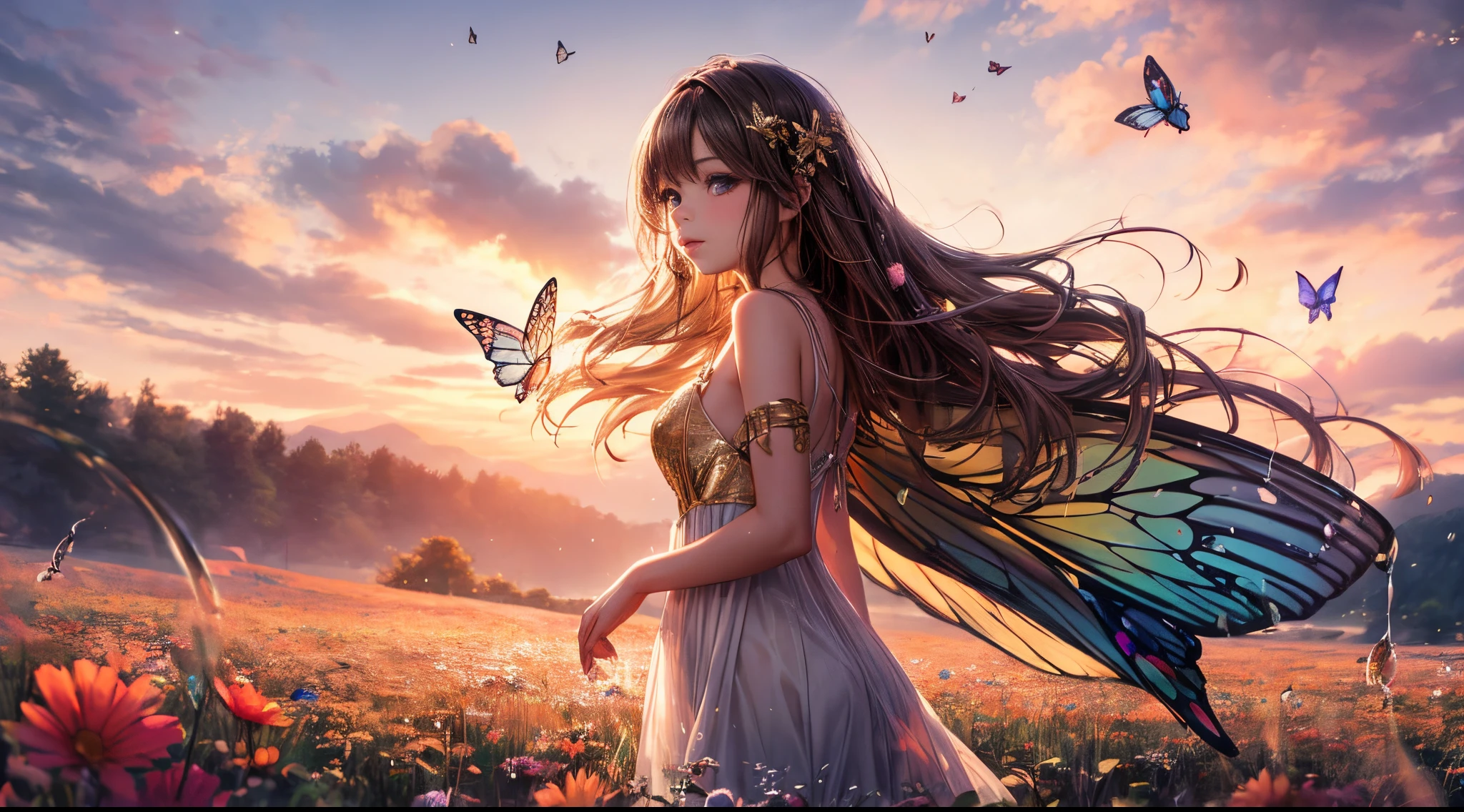 "((Innocent)) girl, golden hour, dreamy meadow, ethereal, whimsical, flowing dress, soft sunlight, enchanting, butterfly wings, (pastel clouds), liquid reflections