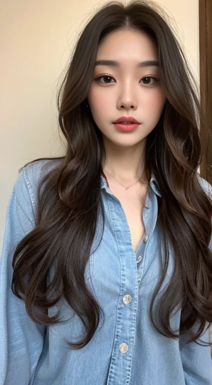 A woman with the same face as last time，Slender Abs、Loose wavy styling、Button shirt、Beautifully expressed in every detail., Including face and skin texture.，Detailed eyes，Seducting look、full body Esbian