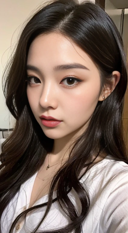 A woman with the same face as last time，Slender Abs、Loose wavy styling、Button shirt、Beautifully expressed in every detail., Including face and skin texture.，Detailed eyes，Seducting look、full body Esbian