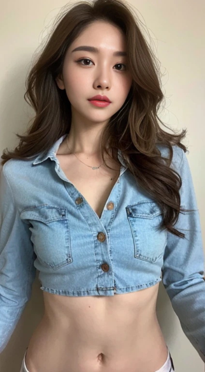 A woman with the same face as last time，Slender Abs、Loose wavy styling、Button shirt、Beautifully expressed in every detail., Including face and skin texture.，Detailed eyes，Seducting look、full body Esbian