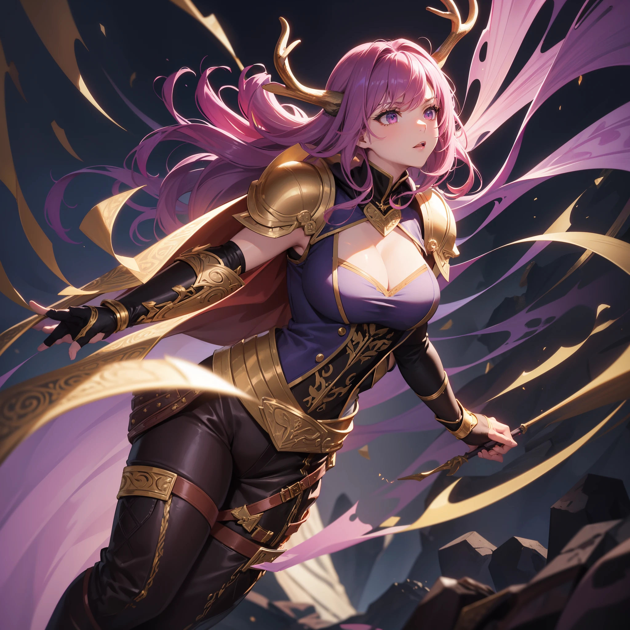 (Best quality), (masterpiece), (ultra detailed), ((1female)), solo, Satyr, ((deer antlers)), beautiful, medium breast, black fur, dark theme, ((pink hair)), ((chestwear:(vest:purple))), (handwear:(fingerless_gloves))), bard, mature, young 20s, bold expression, fierce, determined gaze, satyr anthro, full body, beautiful, curvy, smooth skin, armored, wearing a breastplate, gold trimmed armor, wearing a cloak, dressed in robes, has a hood on, combat, ready to fight, holding_lute, has a lute, stringed instrument, academy