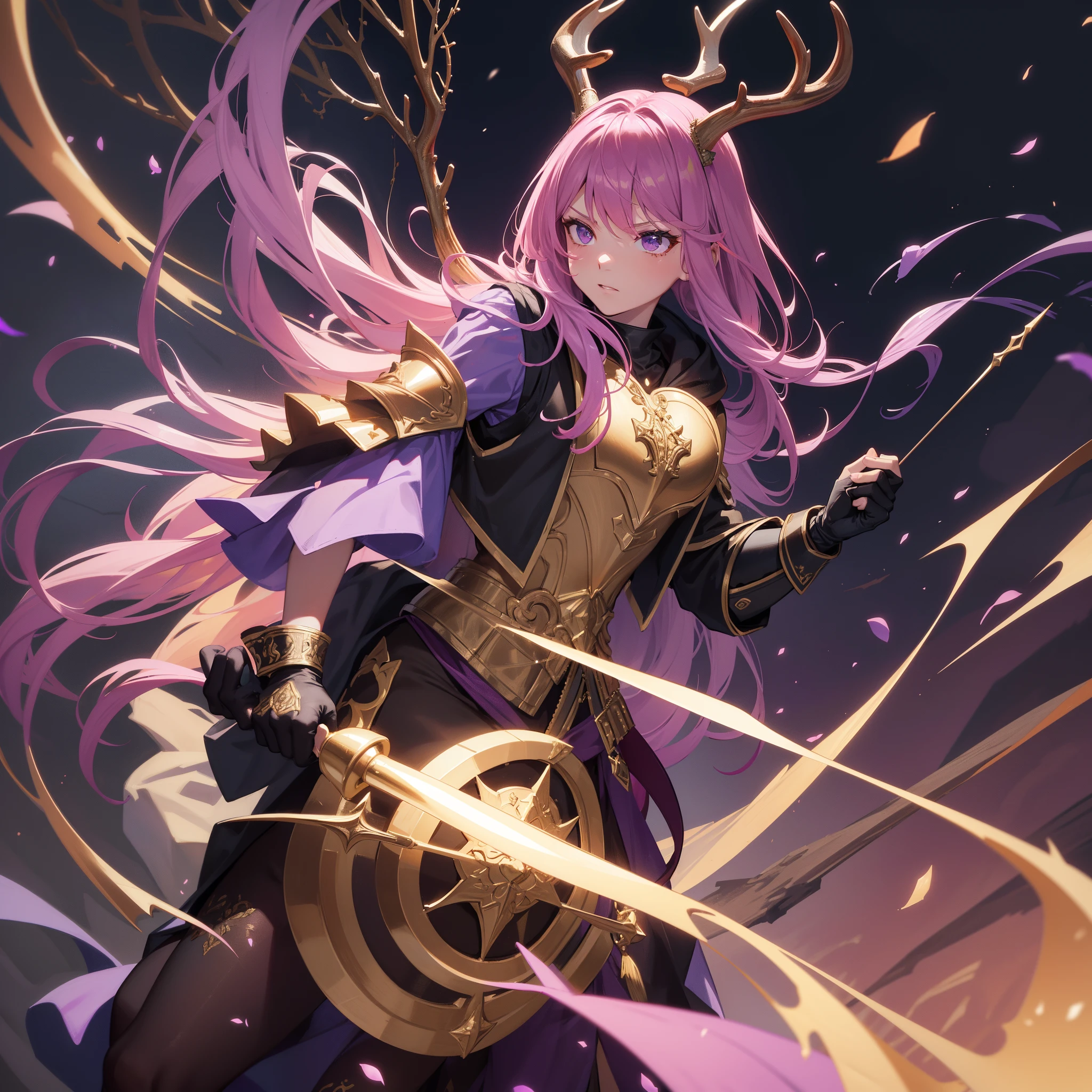 (Best quality), (masterpiece), (ultra detailed), ((1female)), solo, Satyr, ((deer antlers)), beautiful, medium breast, black fur, dark theme, ((pink hair)), ((chestwear:(vest:purple))), (handwear:(fingerless_gloves))), bard, mature, young 20s, bold expression, fierce, determined gaze, satyr anthro, full body, beautiful, curvy, smooth skin, armored, wearing a breastplate, gold trimmed armor, wearing a cloak, dressed in robes, has a hood on, combat, ready to fight, holding_lute, has a lute, stringed instrument, academy
