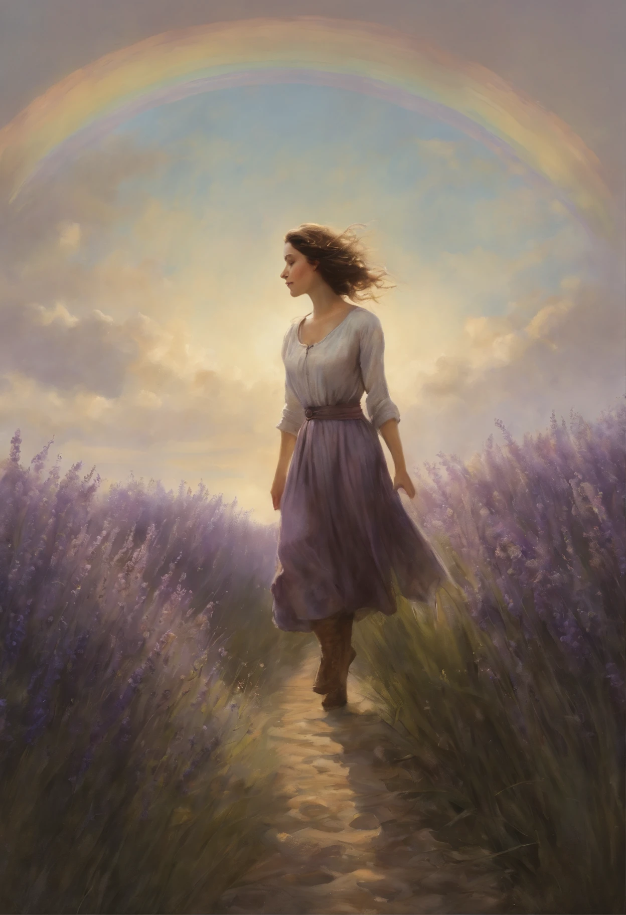 真实感, dark fantasy style, John Tolkien style, Small painting by Jean-Baptiste Monge, portraite of a, looks from the front, Soft facial features, Portrait of Pepi, Woman smiling, stands in the center of a lavender field, hande, Ascended to heaven, Spinning, Smiling, I&#39;I&#39;I&#39;I&#39;I&#39;I&#39;m standing next to a bicycle,  Average height, plump dark pink lips, Engriberts eyebrows, dark brown, green colored eyes, looking at away, Dark brown hair, large dark brown curls fluttering in the wind , Dressed in a shirt, calf-fitting half-breasted shorts, dressed in boots, in sneakers, Shoes, summer low shoes, I&#39;I&#39;I&#39; A walk on the bike, Summer day, The sun is shining, rainbow, Lavender field, field with lavender, blue skies, Jean-Baptiste Monge, anthropomorphic --ar 2:3 --testp -optimistic;