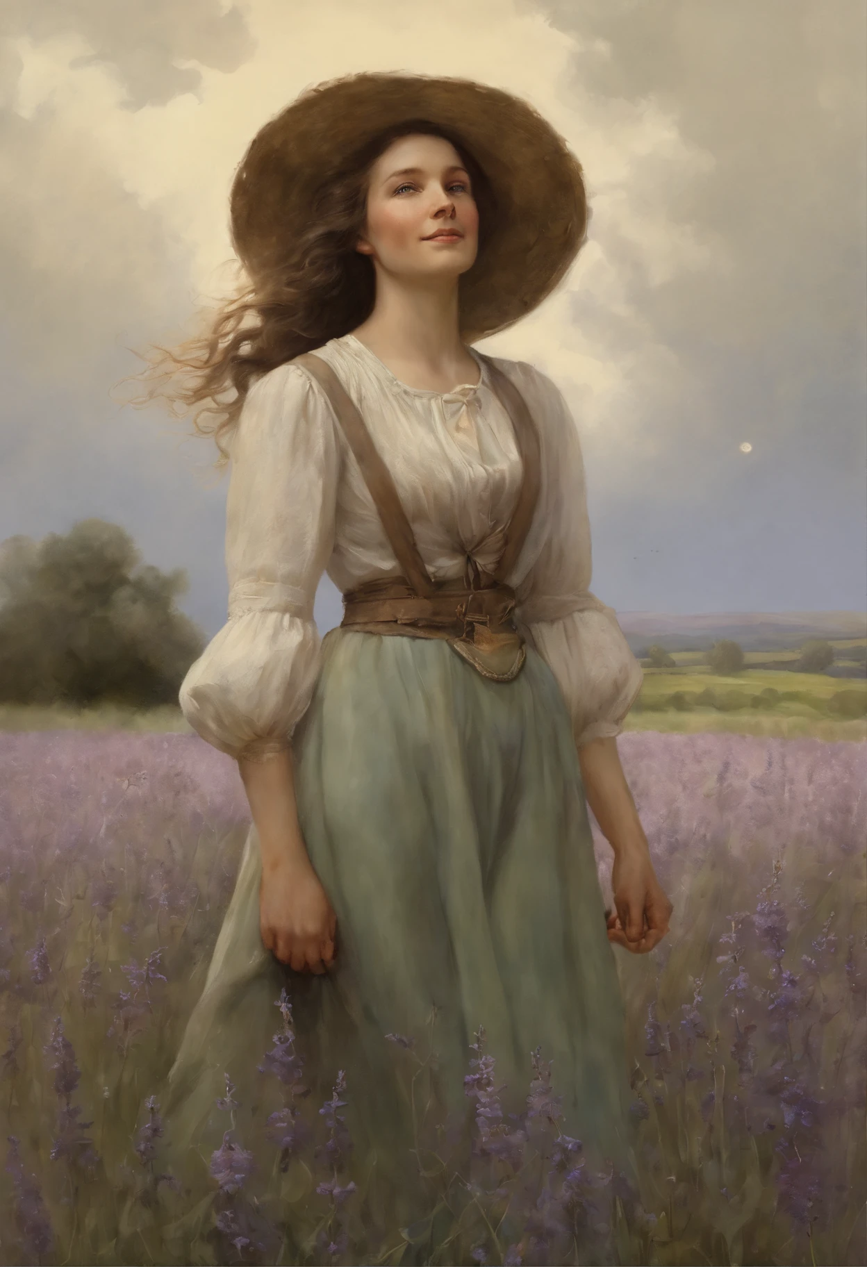 真实感, dark fantasy style, John Tolkien style, Small painting by Jean-Baptiste Monge, portraite of a, looks from the front, Soft facial features, Portrait of Pepi, Woman smiling, stands in the center of a lavender field, hande, Ascended to heaven, Spinning, Smiling, I'I'I'I'I'I'm standing next to a bicycle, Average height, plump dark pink lips, Engriberts eyebrows, dark brown, green colored eyes, looking at away, Dark brown hair, large dark brown curls fluttering in the wind , Dressed in a shirt, calf-fitting half-breasted shorts, dressed in boots, in sneakers, Shoes, summer low shoes, I'I'I' A walk on the bike, Summer day, The sun is shining, rainbow, Lavender field, field with lavender, blue skies, Jean-Baptiste Monge, anthropomorphic --ar 2:3 --testp -optimistic;