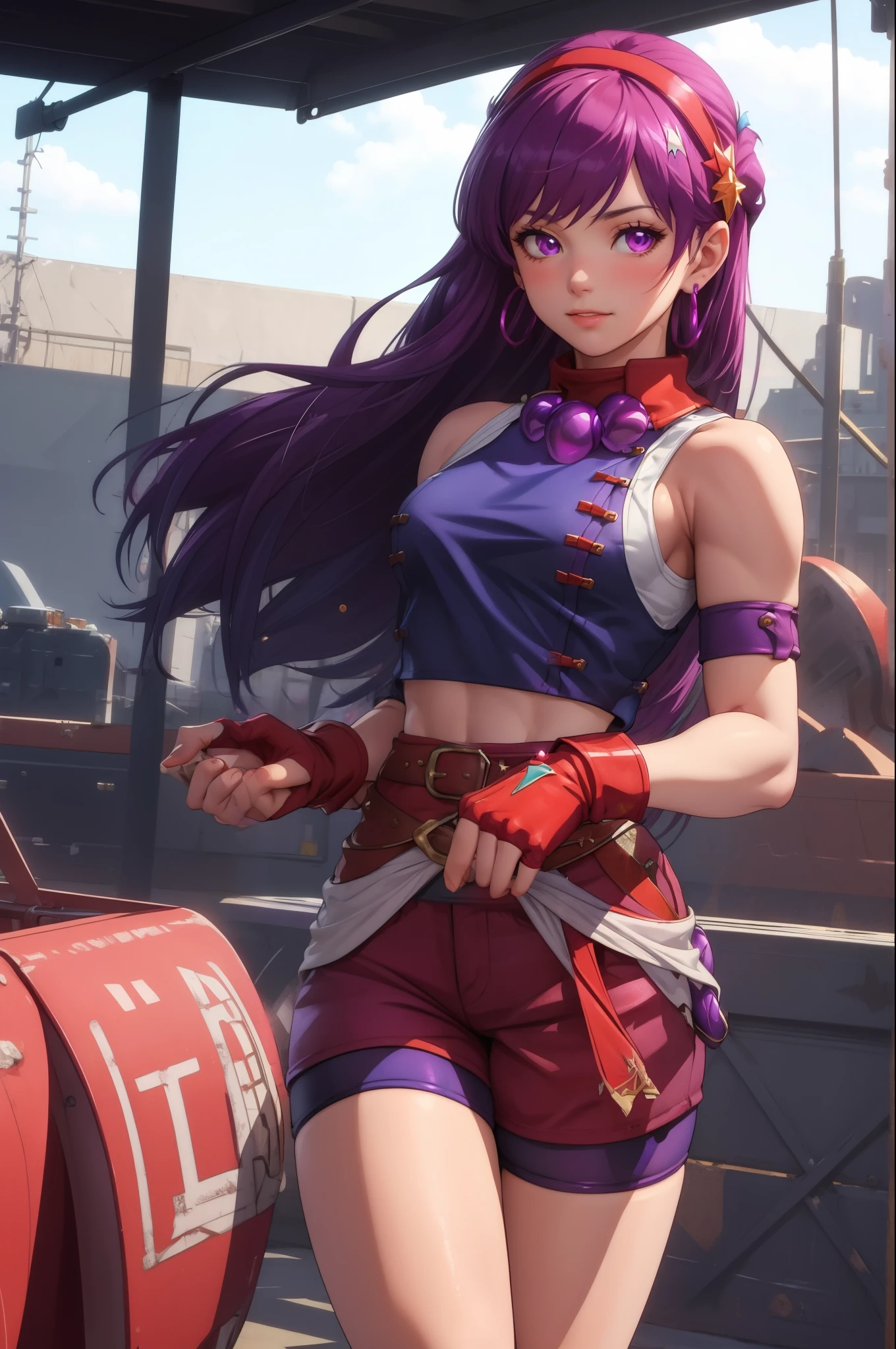 (masterpiece, best quality:1.2), cowboy shot,1girl,solo,purple hair,fingerless gloves,purple eyes,long hair,blue bike shorts,red crop top,star hair ornament,jewelry,earrings,hair ornament,white hairband