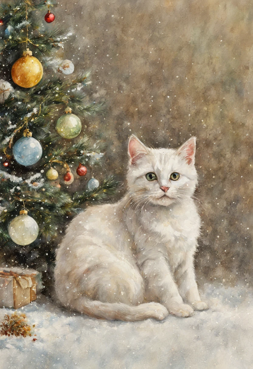 delicate watercolor, pastel colors, hyperrealism, detailed drawing, red-yellow, light green, ivory, light gray-blue, amber, white, sunny, little kitty, Christmas tree, small multi-colored lights, transparent air full of snowflakes and radiance, a lot snow, frost lace, ice, raindrops, beautiful, academic drawing, super detail, hyper detail, filigree, glare, bright reflected light, mother of pearl, star dust, glow, elegant, aesthetic, fluffy clouds, texture