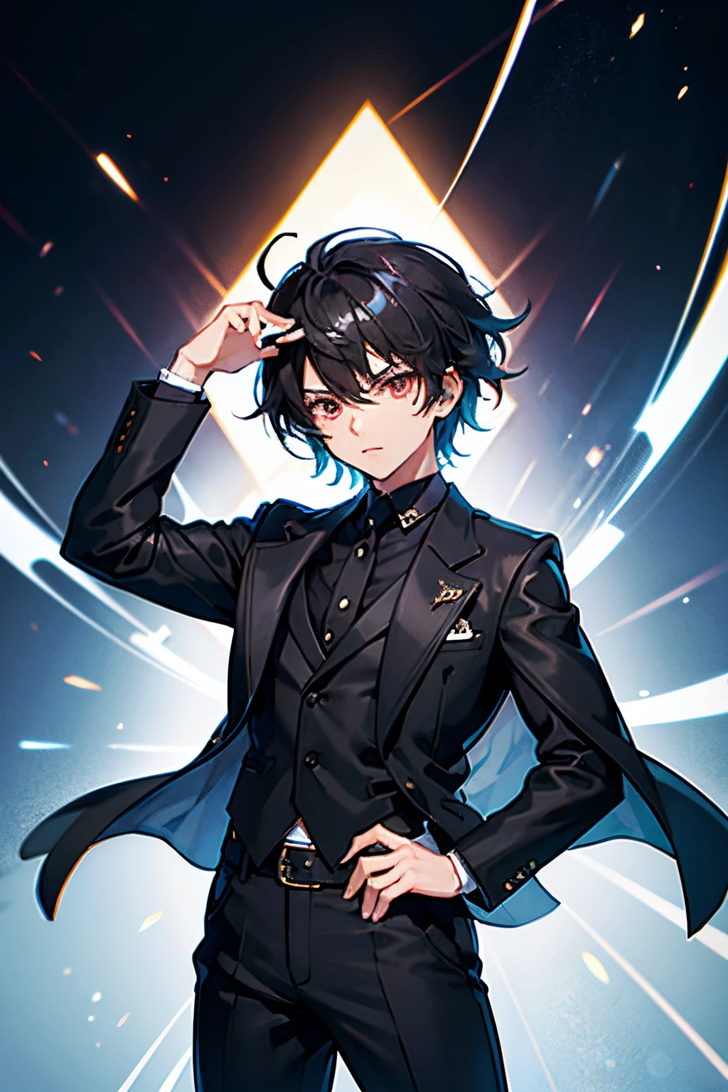 pronpt: "A black-haired boy wearing a black jacket and blue pants. he has striking red eyes. A scene set in the sky above Zaban City at night., dark and atmospheric background. Images should be of the highest quality, In 4K resolution, Focus on ultra-detailed and realistic rendering. The portrait is in focus、Must be illuminated by studio lighting, Bring out bright and rich colors."