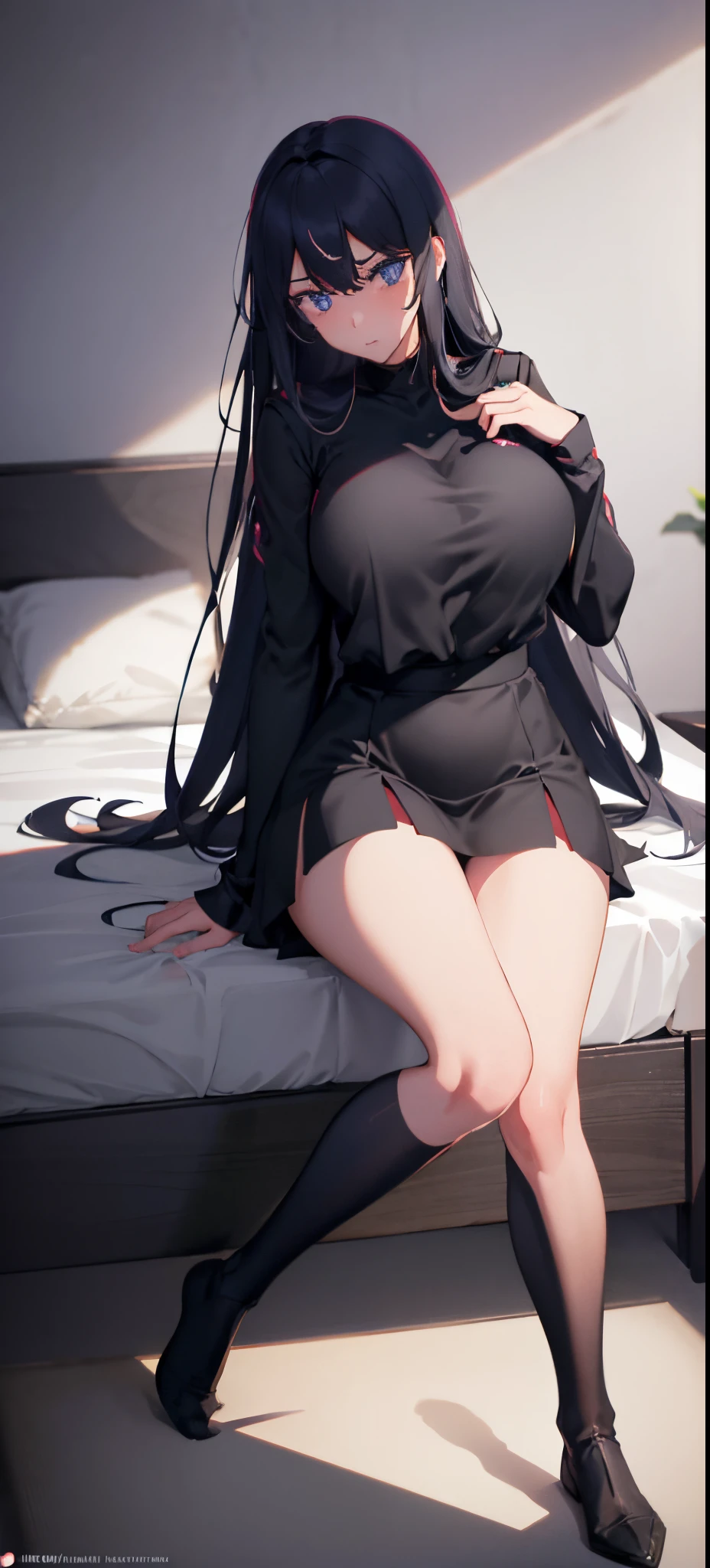Hyperrealistisches 1Girl, lange lila Haare, big boobs, schwarzes kurzes Kleid, Black Lence stockings, ArtStation, Hochdetailliertes Gesicht, Niedliches Gesicht 4K, awards winning, auf dem Bett sitzend, Legs and feet , big thighs , big boobs , seductive , cute experssion