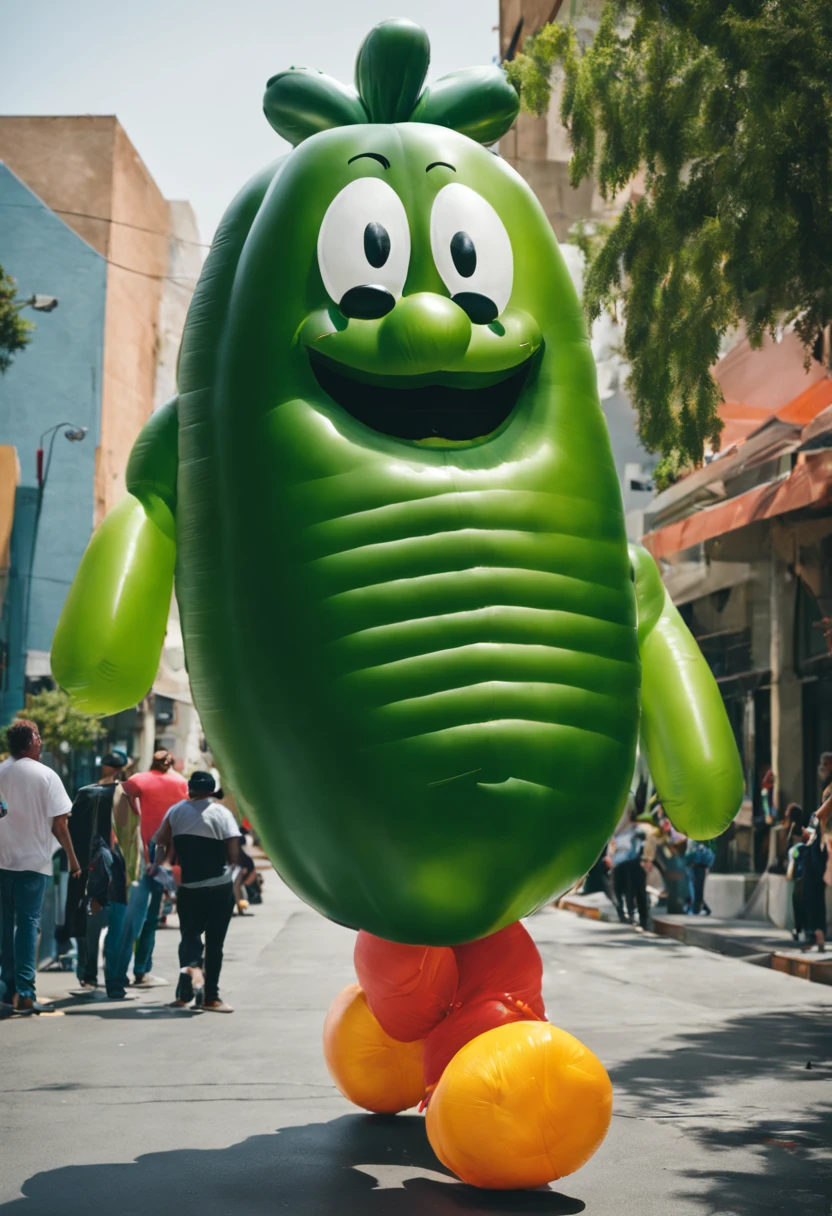 An ultra-detailed photorealistic portrait shot capturing a humanized inflated cucumber walking in the vibrant streets of Los Angeles. The image is of the best quality and highly realistic, showcasing the intricate details of the cucumber's features and texture. The photography style emphasizes the vibrant colors of the scene, with a touch of 35mm film aesthetic.