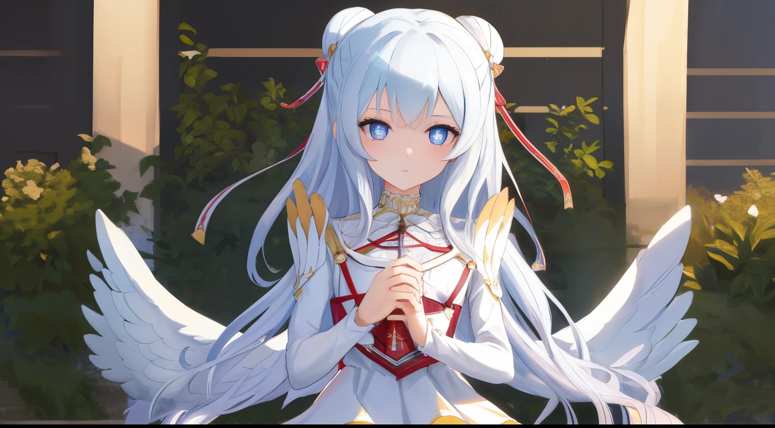 le malin azur lane, 
le malin, eyes symbol-shaped pupils, double bun, blue eyes, very long hair, hair bun, bow,white hair, sidelocks, blue hair ribbon, ribbon,
BREAK white _dress, angel_wings, white_legwear, long sleeves, white dress, pleated dress, thighband pantyhose,
BREAK garden,
BREAK looking at viewer, (cowboy shot:1.5),
BREAK (masterpiece:1.2), best quality,beautiful, high resolution, (illustration:0.8), (beautiful detailed eyes:1.6), extremely detailed face, perfect lighting, extremely detailed CG, (perfect hands, perfect anatomy), sun shining, bright at night,