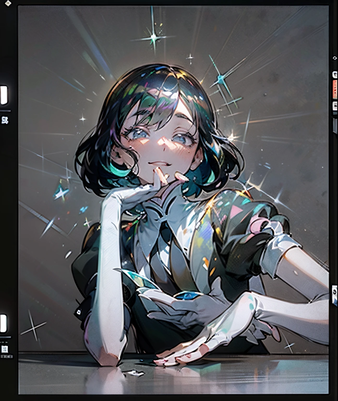 ((in the style of Ichikawa Haruko)), Hauskie is not, The Land of Precious Stones, Original character, ((tmasterpiece)), (((beste-Qualit))), ((ultradetailed)), ((illustartion)), [The light effect of realism], eye shadow, (fantasy style), Simple background, illustartion, 1 girl, side glance, Crystal hair, Glowing Hair, shirt with collar, galaxy, Additional lighting, uniform, tie, puffy short sleeves, Shorts, Smile, puffy short sleeves, Puffy armbands, Shirt, short sleeve, sparkle, Small flat chest, BEAUTIFUL POSE, in full height, Dynamic posture