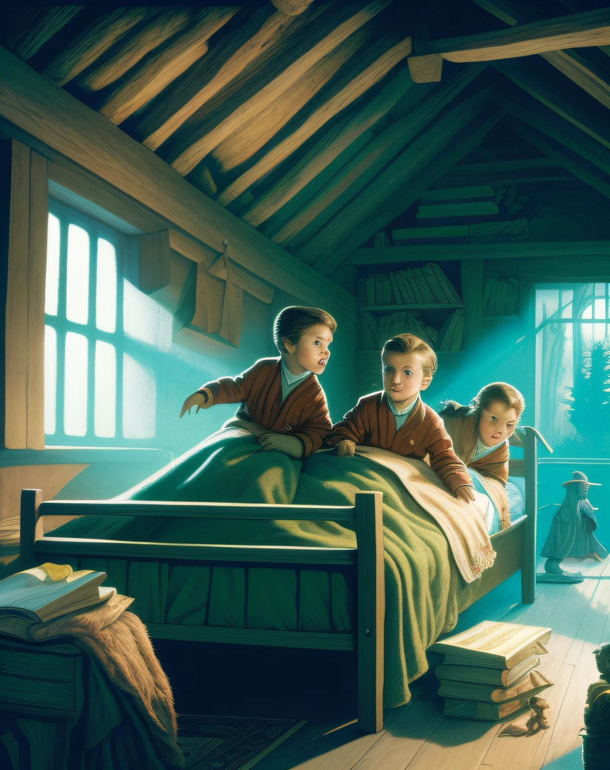 il ya deux enfants assis sur un lit dans une chambre, Storybook illustration, en cabine, illustration de la couverture, illustration en couleur, inspiration of freres Hildebrandt, dans un grenier, Illustration de livres pour enfants, par Howard Lyon, Illustration de livres pour enfants, Illustration de livres pour enfants, Published works, Illustration de livres pour enfants, inspiration of freres Hildebrandt, Storybook illustration