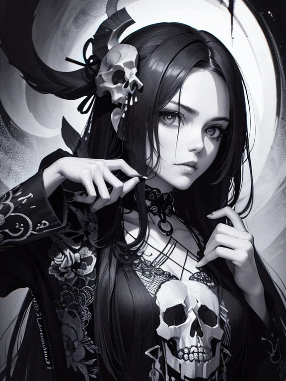 Two beautiful women in kimonos standing symmetrically, The silhouette of two models standing looks like a skull、Two models are making a skull、Fill the screen1One big skull、The shadow that projected the two is a skull、 Its fine ink lineart, Comic style, beautiful line art, Black and white comic style, Manga style, manga art style, Black and white coloring --auto --s2