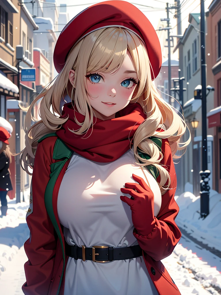 best quality, 1girl, masterpiece, best quality, 8k, detailed skin texture, ((beautiful detailed face)), intricate details, blonde hair, parted bangs, (half body), detailed blue eyes, (happy face), 18 years old, neat girl, ((red beret, red scarf)), ((green sweater)), ((light brown jacket)), ((red gloves), (huge breasts, covered breasts), (snowing, snow in the street, snow on the trees)