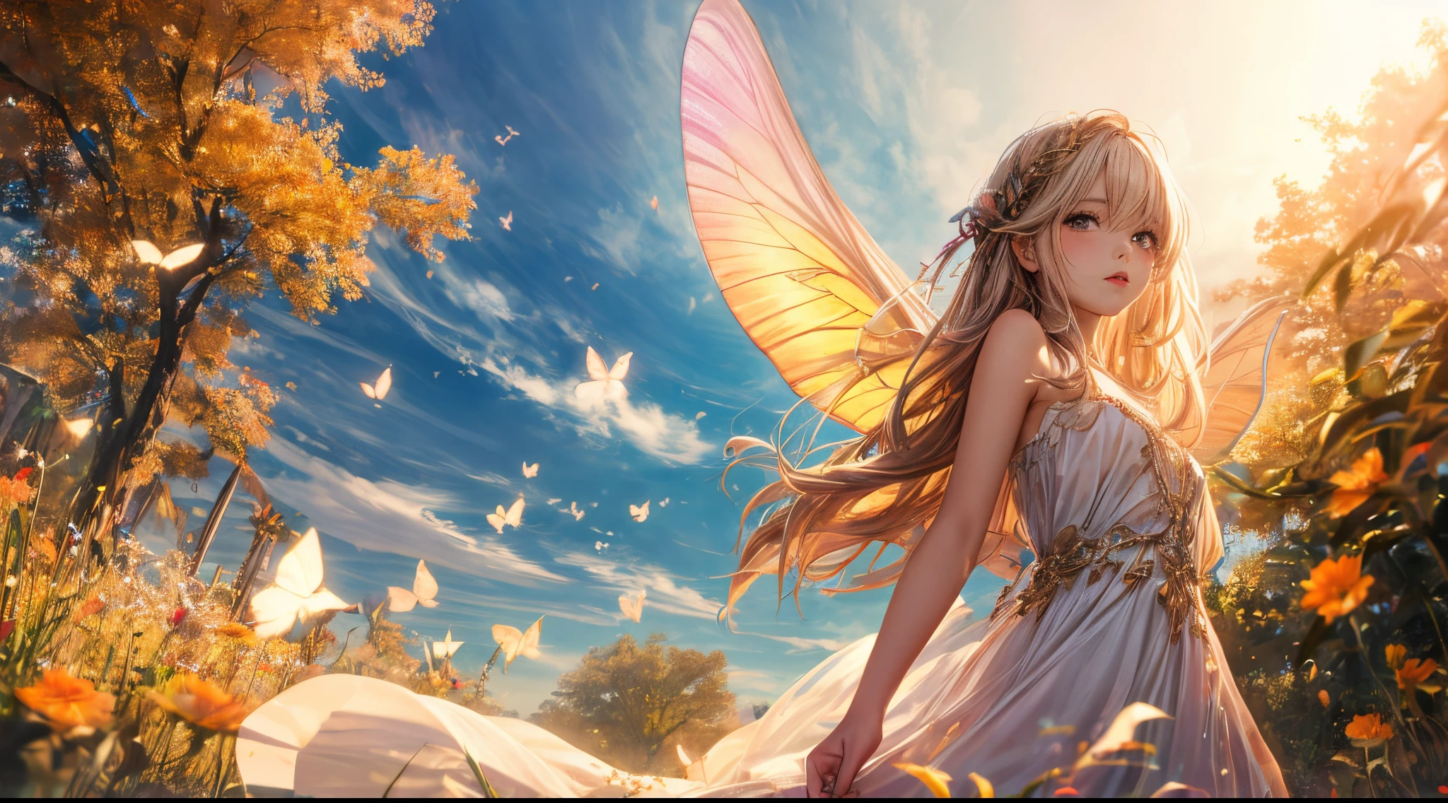 "((Innocent)) girl, golden hour, dreamy meadow, ethereal, whimsical, flowing dress, soft sunlight, enchanting, butterfly wings, (pastel clouds), liquid reflections