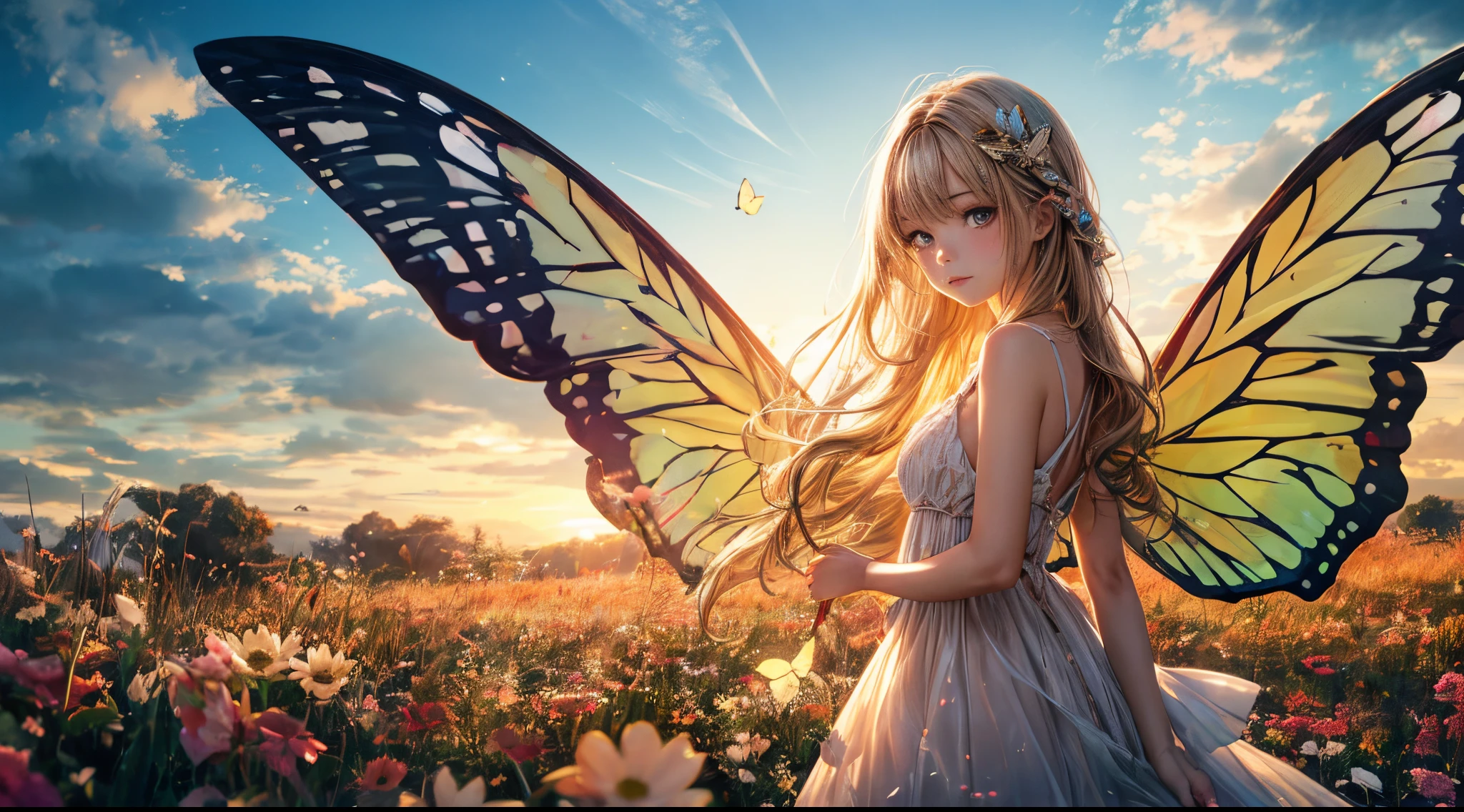 "((Innocent)) girl, golden hour, dreamy meadow, ethereal, whimsical, flowing dress, soft sunlight, enchanting, butterfly wings, (pastel clouds), liquid reflections